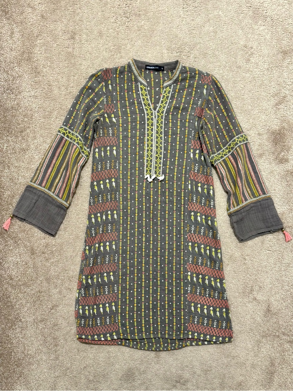 Generation Pakistani Kurta Fully Embroidered Boho Tunic Top Size 8 Gray/Yellow